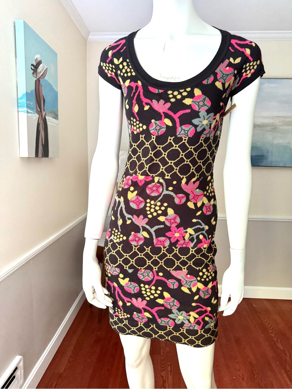 RACHEL Rachel Roy Black Mini Dress with Pink & Yellow Floral Motif